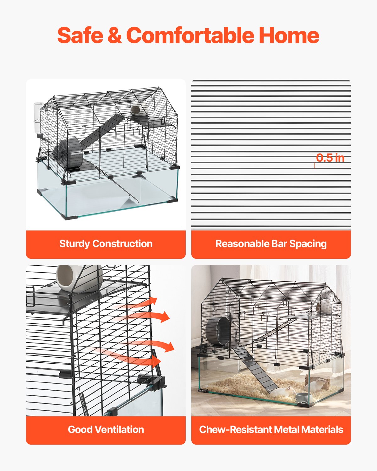 VEVOR Hamster Cage, 360° View, Transparent Hamster Habitat, Small Animal Cage, 58x38x54 cm, Ventilated Mouse Cage with Water Bottle, Portable Hamster House for Rats, Guinea Pigs