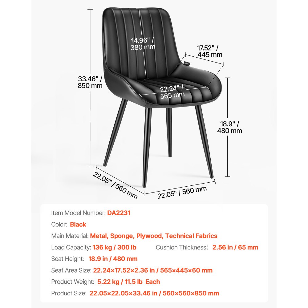 VEVOR Juego de 4 Sillas de Comedor de Estilo Moderno con Acentos, Tapizadas en Tela, para Mesa de Comedor, Ahorra Espacio, con Cojines Gruesos y Patas de Metal, Color Negro, 580 x 550 x 860 mm