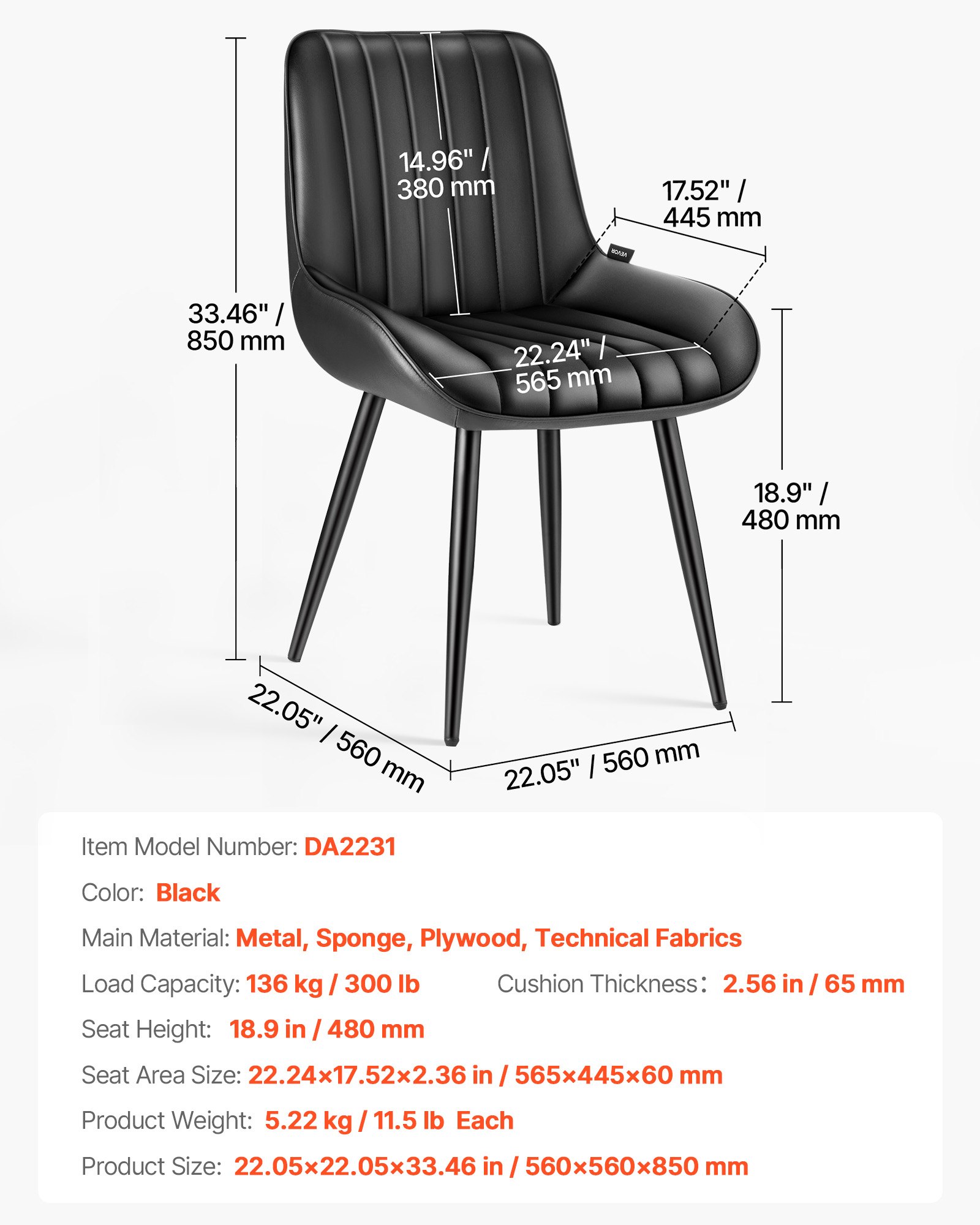 VEVOR Juego de 4 Sillas de Comedor de Estilo Moderno con Acentos, Tapizadas en Tela, para Mesa de Comedor, Ahorra Espacio, con Cojines Gruesos y Patas de Metal, Color Negro, 580 x 550 x 860 mm