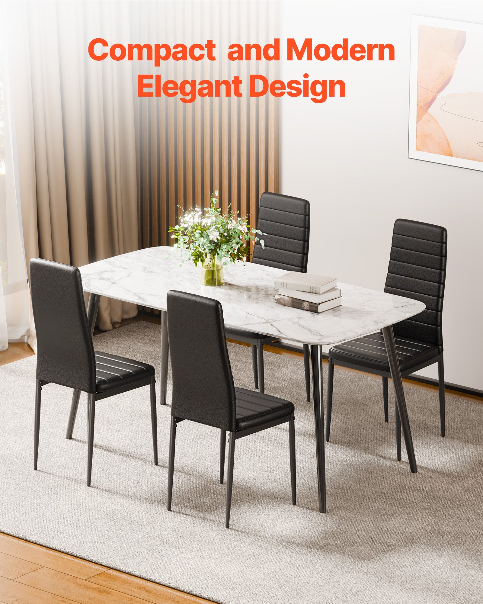 VEVOR Juego de 6 Sillas de Comedor de Estilo Moderno, Tapizadas en Cuero, para Mesa de Comedor, Ahorra Espacio, con Cojines Gruesos y Patas Metal, Acentos, Negro, 465 x 405 x 970 mm, Carga 136 kg