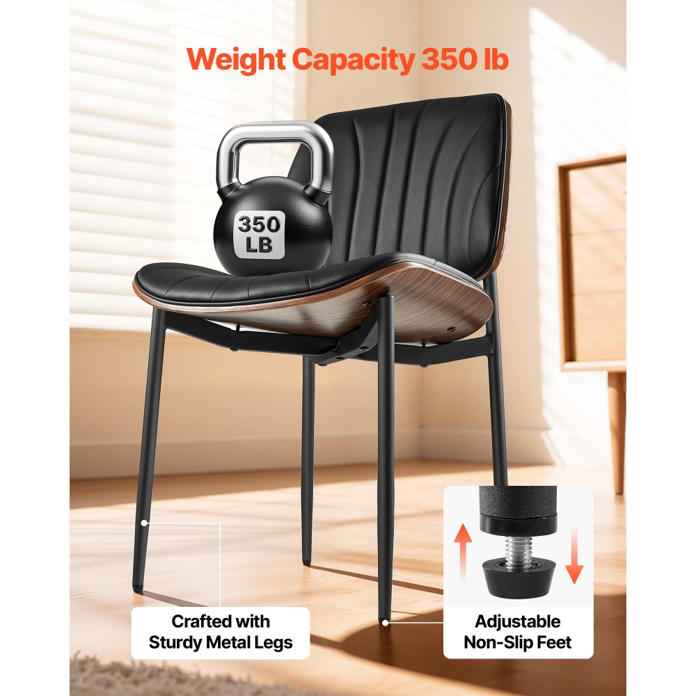 VEVOR Modern Dining Room Accent Chairs Set of 2, Upholstered Leather Side Chair for Dining Tables, Space-Saving Kitchen Table Chair with Thick Cushions and Metal Legs, Black