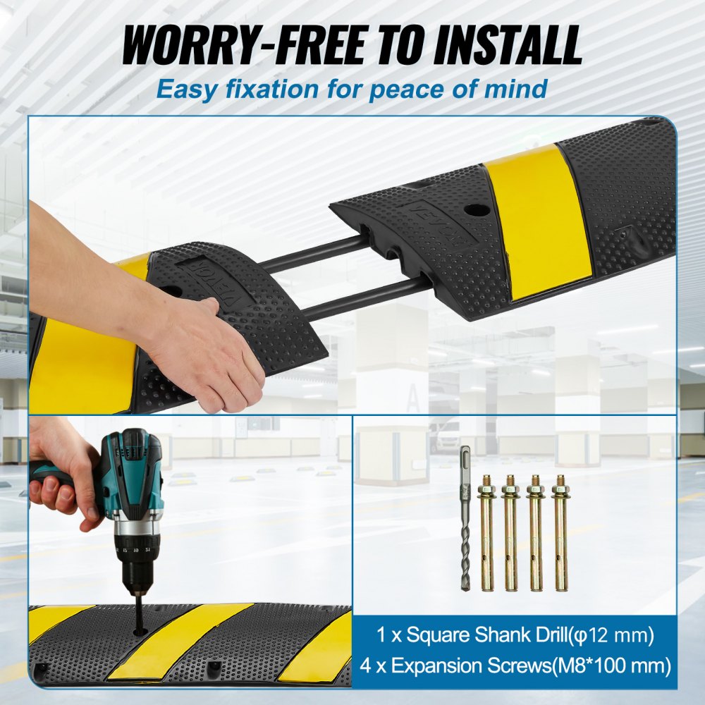 VEVOR Rampa de Protección de Cable 2 Canales Pasacables de Suelo 183x30x4,5 cm Protector de Cables de Goma 10000kg con 4 Tornillos de Expansión 1 Broca para Carreteras Estacionamientos, Negro/Amarillo