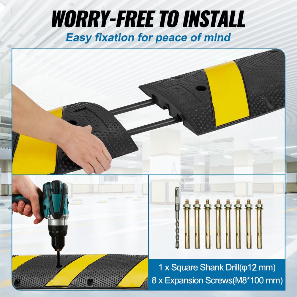 VEVOR Rampa de Protección de Cable de 2 Vías 2 PCS Pasacables de Suelo 183x30x4,5cm Protector de Cables de Goma Carga de 10000kg, 8 Tornillos 1 Broca para Carreteras Estacionamientos, Negro y Amarillo
