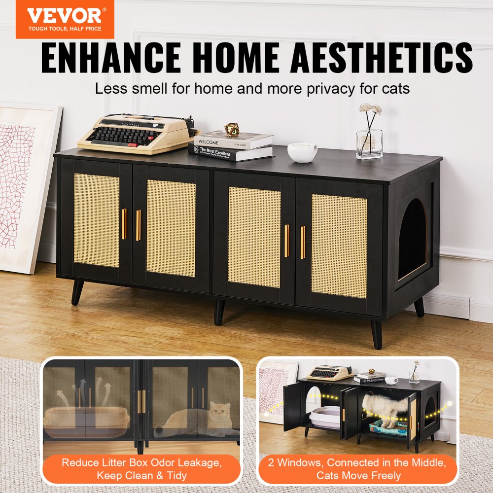 VEVOR Muebles de Baño Oculto para 2 Gatos 1,19 x 0,5 x 0,55 m Casa de Inodoro para Gatos con Puertas Decoradas de Ratán Armario de Madera para Ocultar las Cajas de Arena para Gatos, Negro