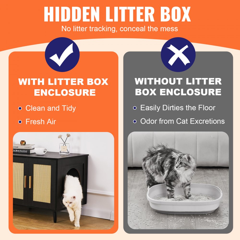 VEVOR Muebles de Baño Oculto para 2 Gatos 1,19 x 0,5 x 0,55 m Casa de Inodoro para Gatos con Puertas Decoradas de Ratán Armario de Madera para Ocultar las Cajas de Arena para Gatos, Negro