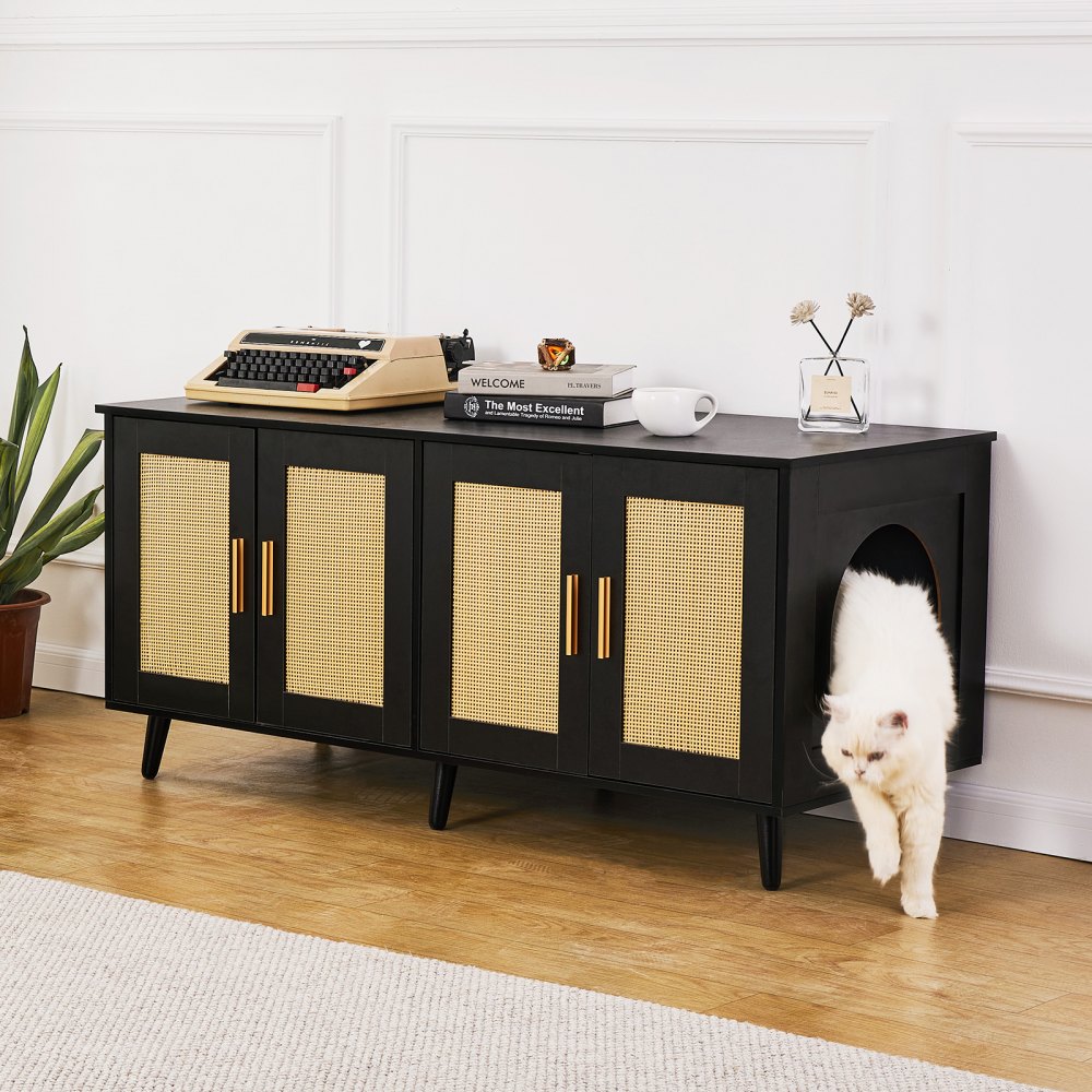 VEVOR Muebles de Baño Oculto para 2 Gatos 1,19 x 0,5 x 0,55 m Casa de Inodoro para Gatos con Puertas Decoradas de Ratán Armario de Madera para Ocultar las Cajas de Arena para Gatos, Negro