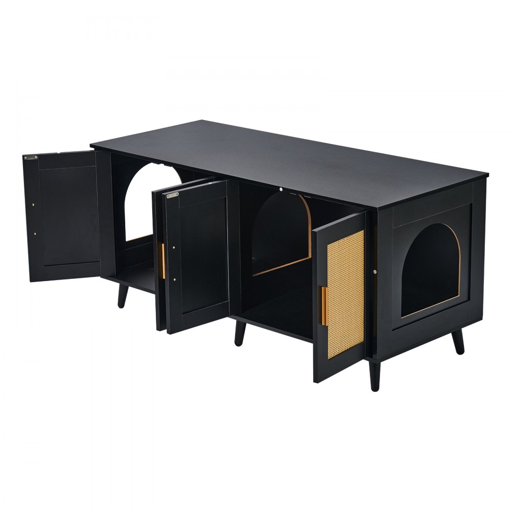 VEVOR Muebles de Baño Oculto para 2 Gatos 1,19 x 0,5 x 0,55 m Casa de Inodoro para Gatos con Puertas Decoradas de Ratán Armario de Madera para Ocultar las Cajas de Arena para Gatos, Negro