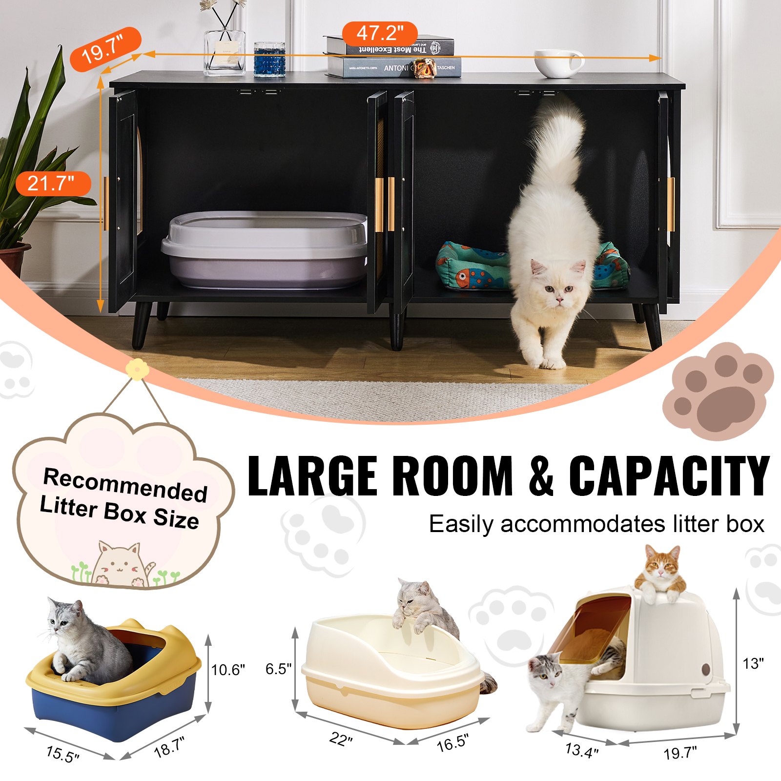 VEVOR Muebles de Baño Oculto para 2 Gatos 1,19 x 0,5 x 0,55 m Casa de Inodoro para Gatos con Puertas Decoradas de Ratán Armario de Madera para Ocultar las Cajas de Arena para Gatos, Negro
