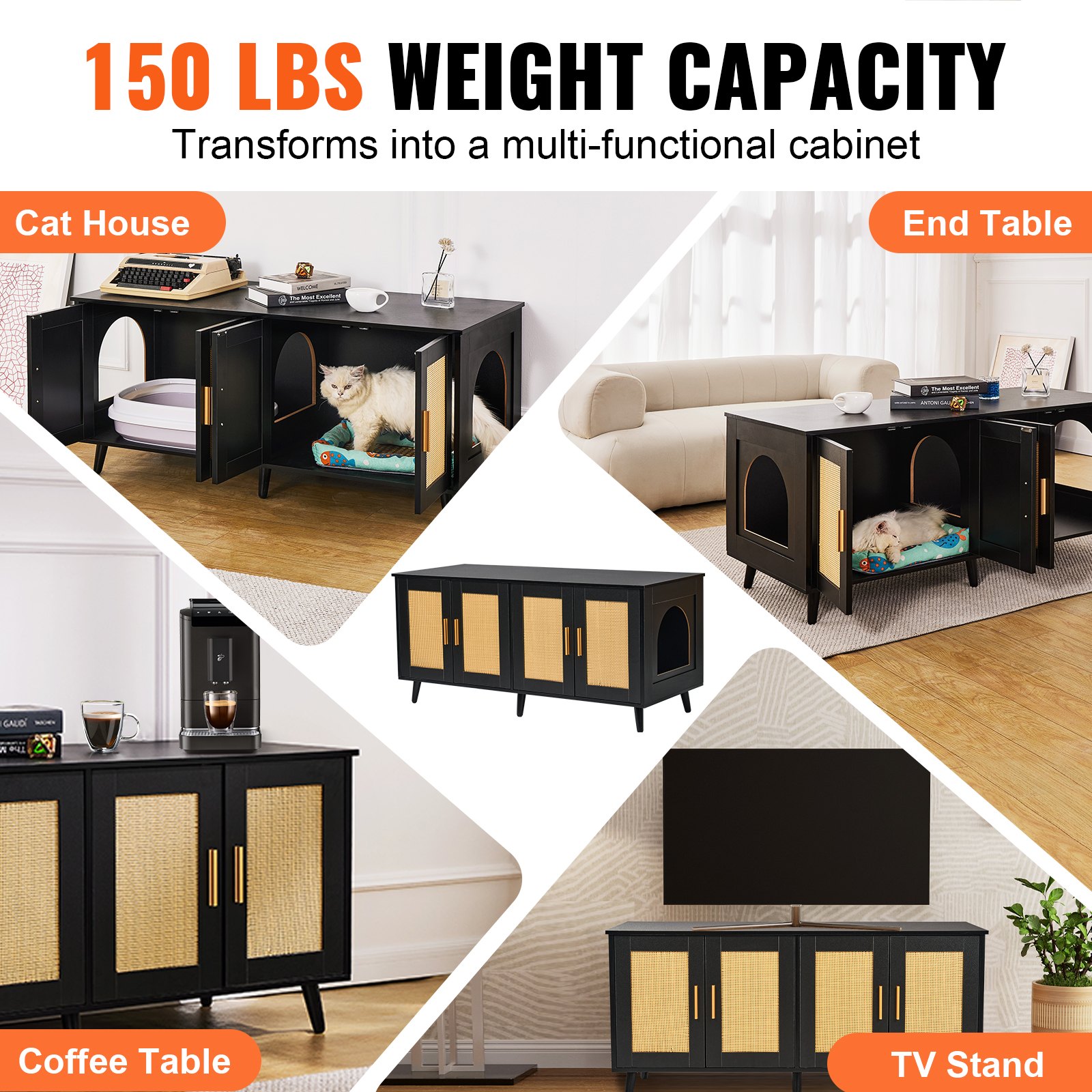 VEVOR Muebles de Baño Oculto para 2 Gatos 1,19 x 0,5 x 0,55 m Casa de Inodoro para Gatos con Puertas Decoradas de Ratán Armario de Madera para Ocultar las Cajas de Arena para Gatos, Negro