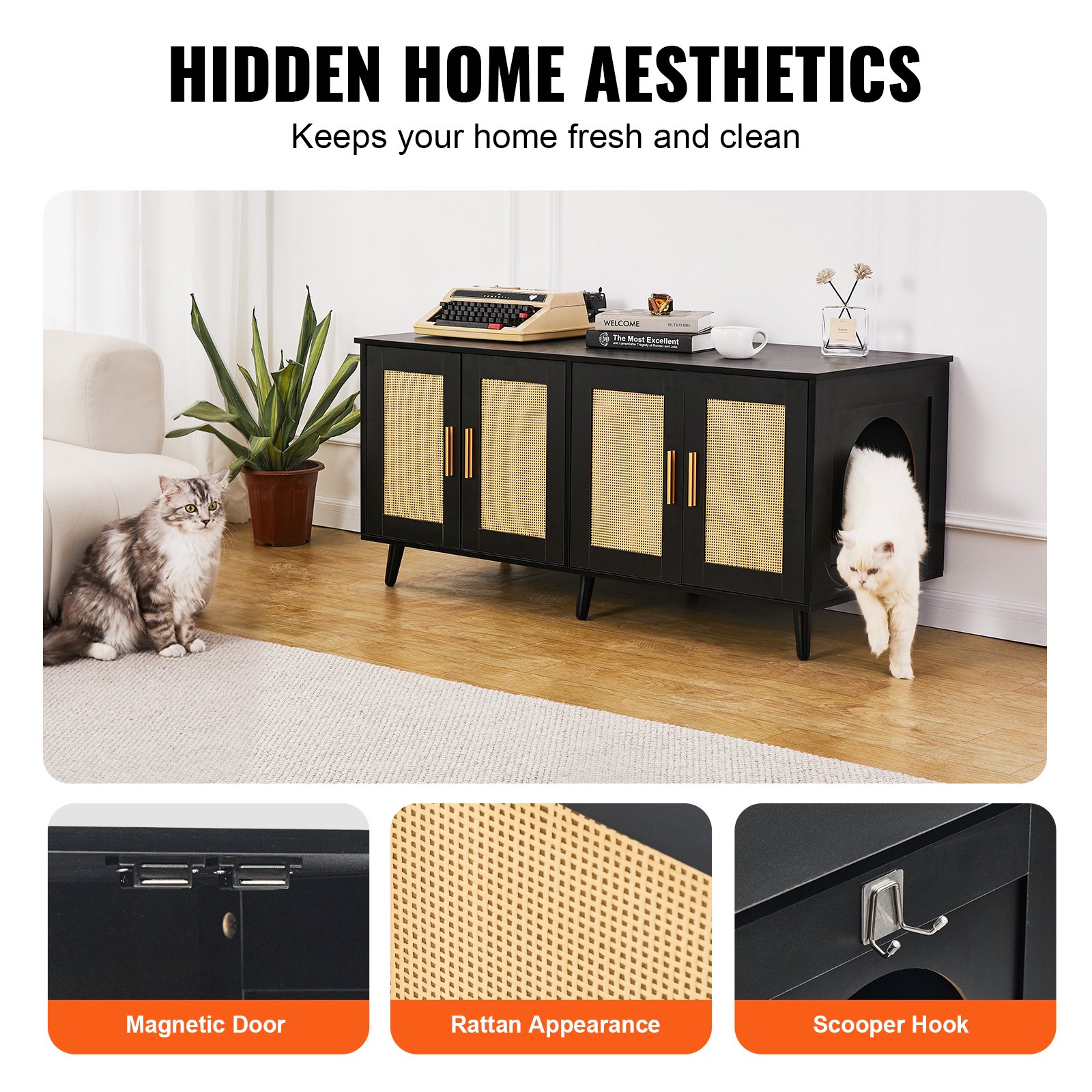 VEVOR Muebles de Baño Oculto para 2 Gatos 1,19 x 0,5 x 0,55 m Casa de Inodoro para Gatos con Puertas Decoradas de Ratán Armario de Madera para Ocultar las Cajas de Arena para Gatos, Negro