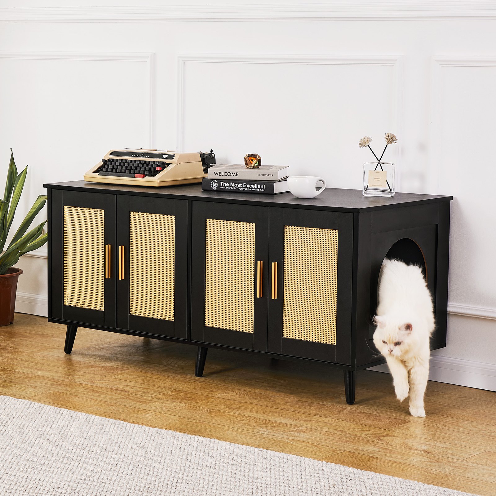 VEVOR Muebles de Baño Oculto para 2 Gatos 1,19 x 0,5 x 0,55 m Casa de Inodoro para Gatos con Puertas Decoradas de Ratán Armario de Madera para Ocultar las Cajas de Arena para Gatos, Negro