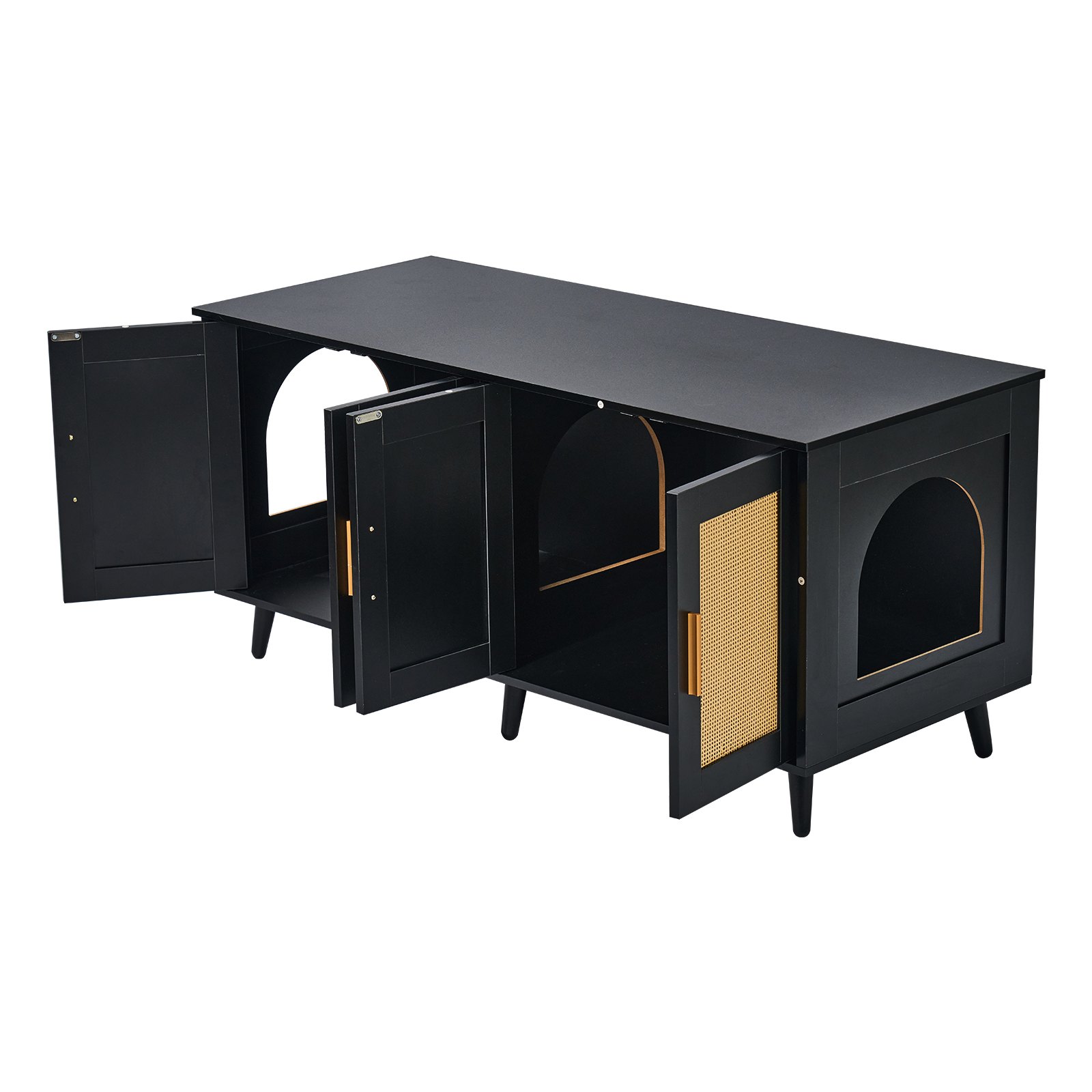 VEVOR Muebles de Baño Oculto para 2 Gatos 1,19 x 0,5 x 0,55 m Casa de Inodoro para Gatos con Puertas Decoradas de Ratán Armario de Madera para Ocultar las Cajas de Arena para Gatos, Negro