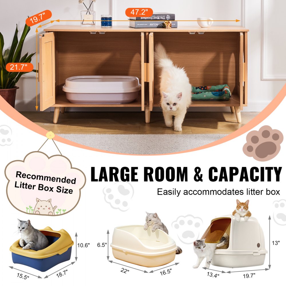 VEVOR Cat Litter Box Enclosure for 2 Cats, Concealed Cat Litter Box Furniture with Rattan-Decorated Doors, Wooden Cat Litter Box Cabinet Fits Most Litter Boxes, 119.4 cm L x 40.1 cm W x 55.6 cm H, Natural