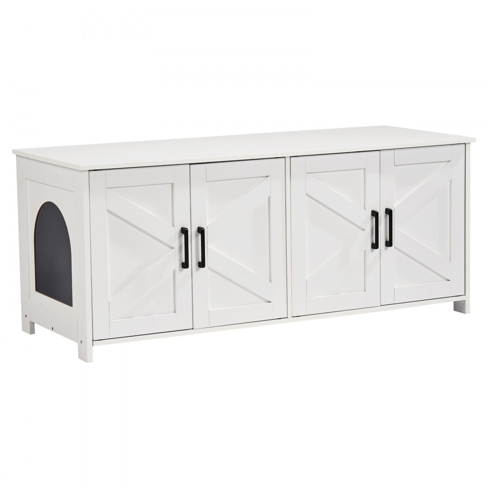 VEVOR Muebles de Baño Oculto para 2 Gatos 1,19 x 0,5 x 0,55 m Casa de Inodoro para Gatos con Puertas Decoradas de Ratán Armario de Madera para Ocultar las Cajas de Arena para Gatos, Blanco