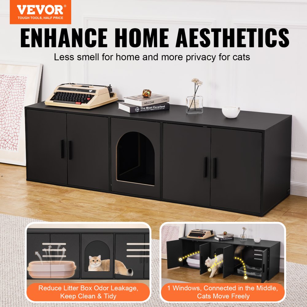 VEVOR Muebles de Baño Oculto para Gatos 147 x 46 x 45 cm, Armario para  Arenero de Madera, Mesa Auxiliar para TV, Capacidad de Peso de 136 kg, para Ocultar las Cajas de Arena para Gatos, Negro