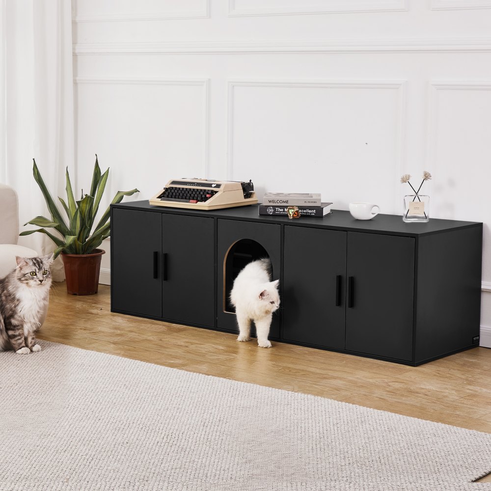 VEVOR Muebles de Baño Oculto para Gatos 147 x 46 x 45 cm, Armario para  Arenero de Madera, Mesa Auxiliar para TV, Capacidad de Peso de 136 kg, para Ocultar las Cajas de Arena para Gatos, Negro