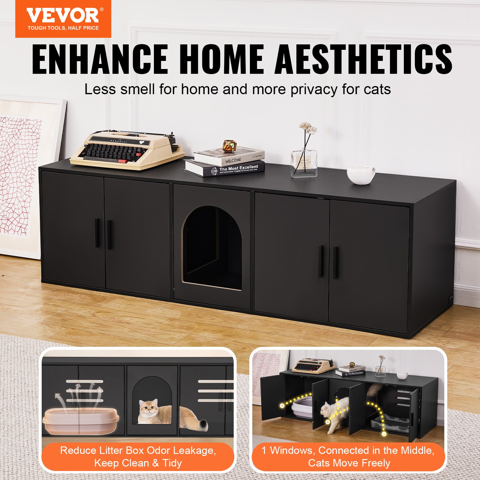 VEVOR Muebles de Baño Oculto para Gatos 147 x 46 x 45 cm, Armario para  Arenero de Madera, Mesa Auxiliar para TV, Capacidad de Peso de 136 kg, para Ocultar las Cajas de Arena para Gatos, Negro