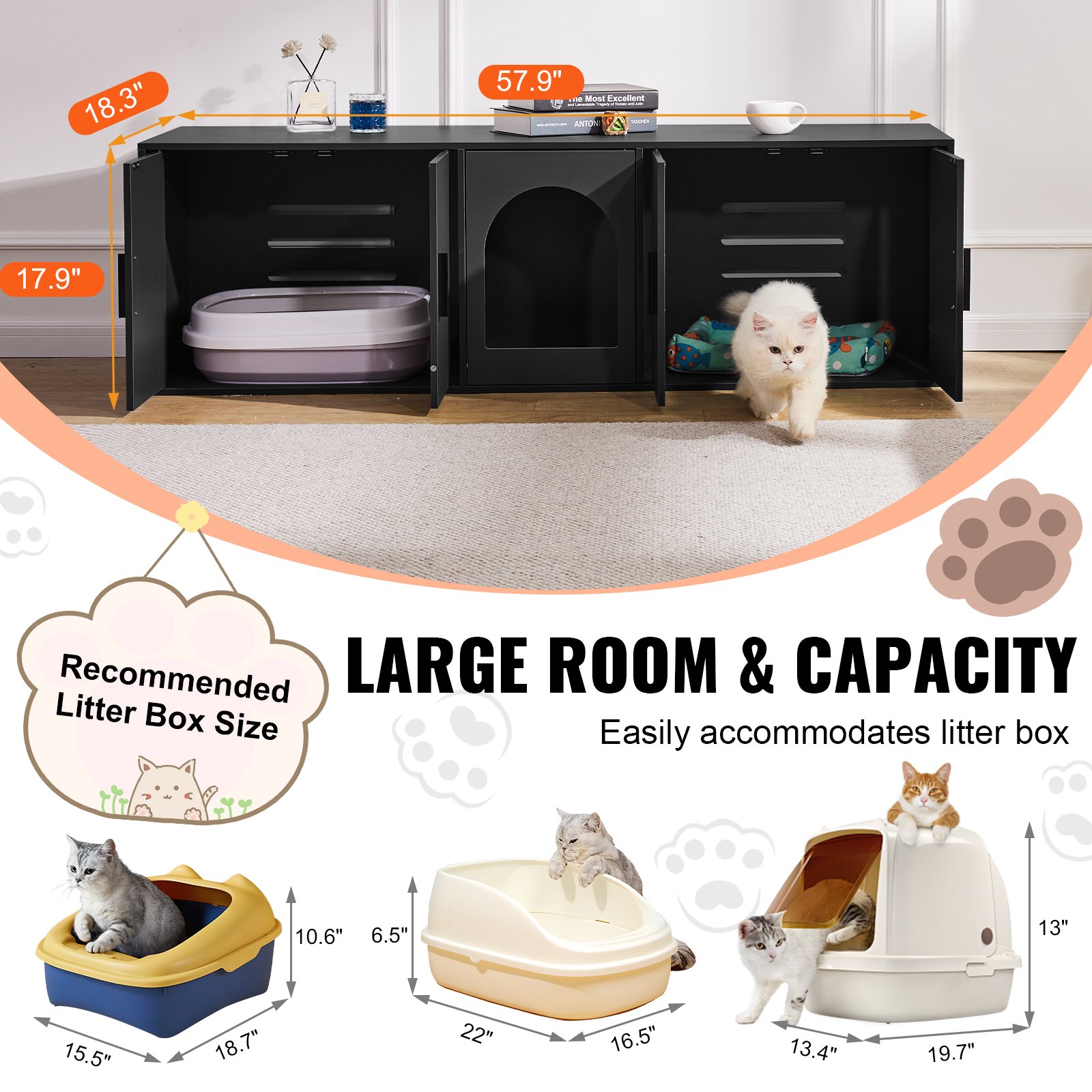 VEVOR Muebles de Baño Oculto para Gatos 147 x 46 x 45 cm, Armario para  Arenero de Madera, Mesa Auxiliar para TV, Capacidad de Peso de 136 kg, para Ocultar las Cajas de Arena para Gatos, Negro