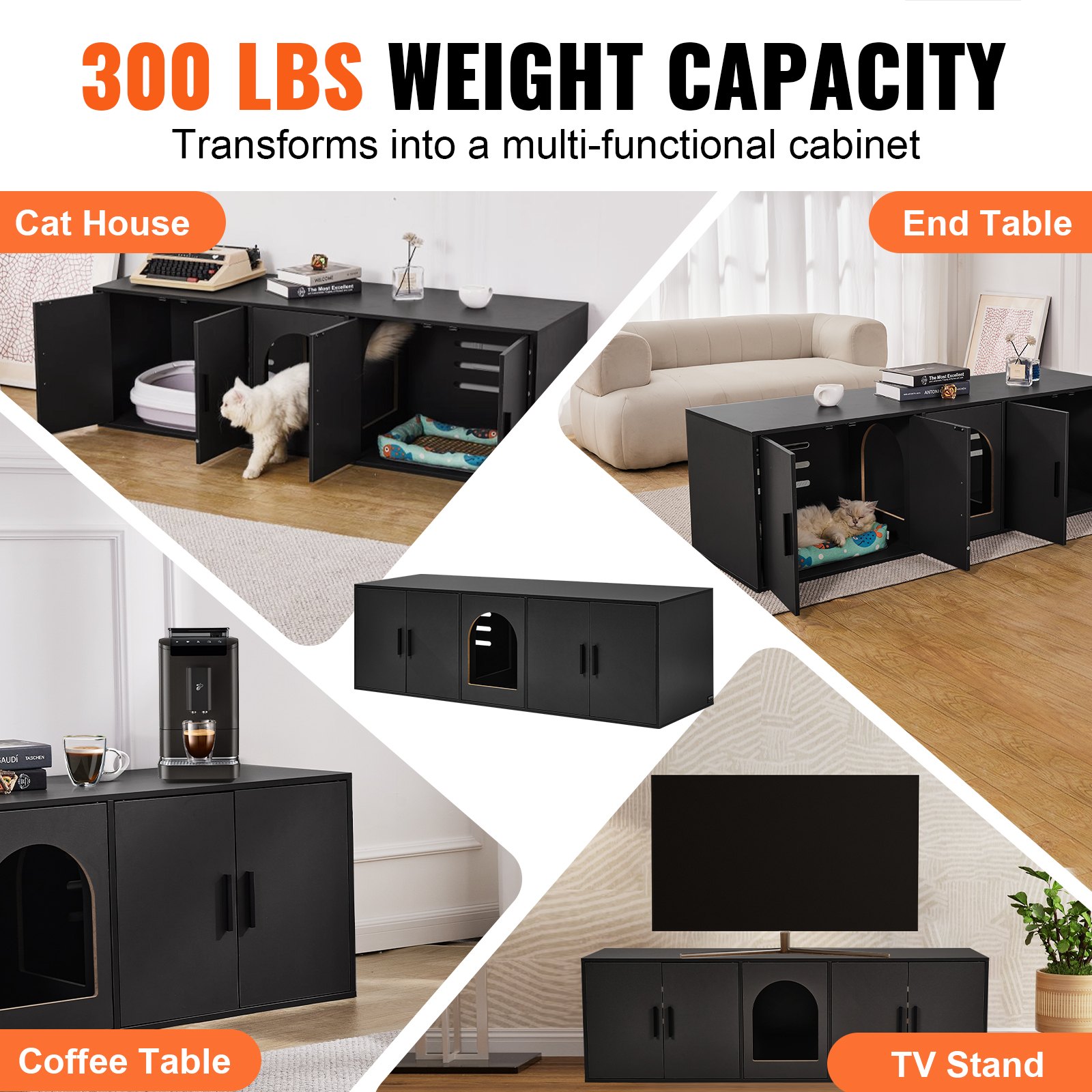 VEVOR Muebles de Baño Oculto para Gatos 147 x 46 x 45 cm, Armario para  Arenero de Madera, Mesa Auxiliar para TV, Capacidad de Peso de 136 kg, para Ocultar las Cajas de Arena para Gatos, Negro