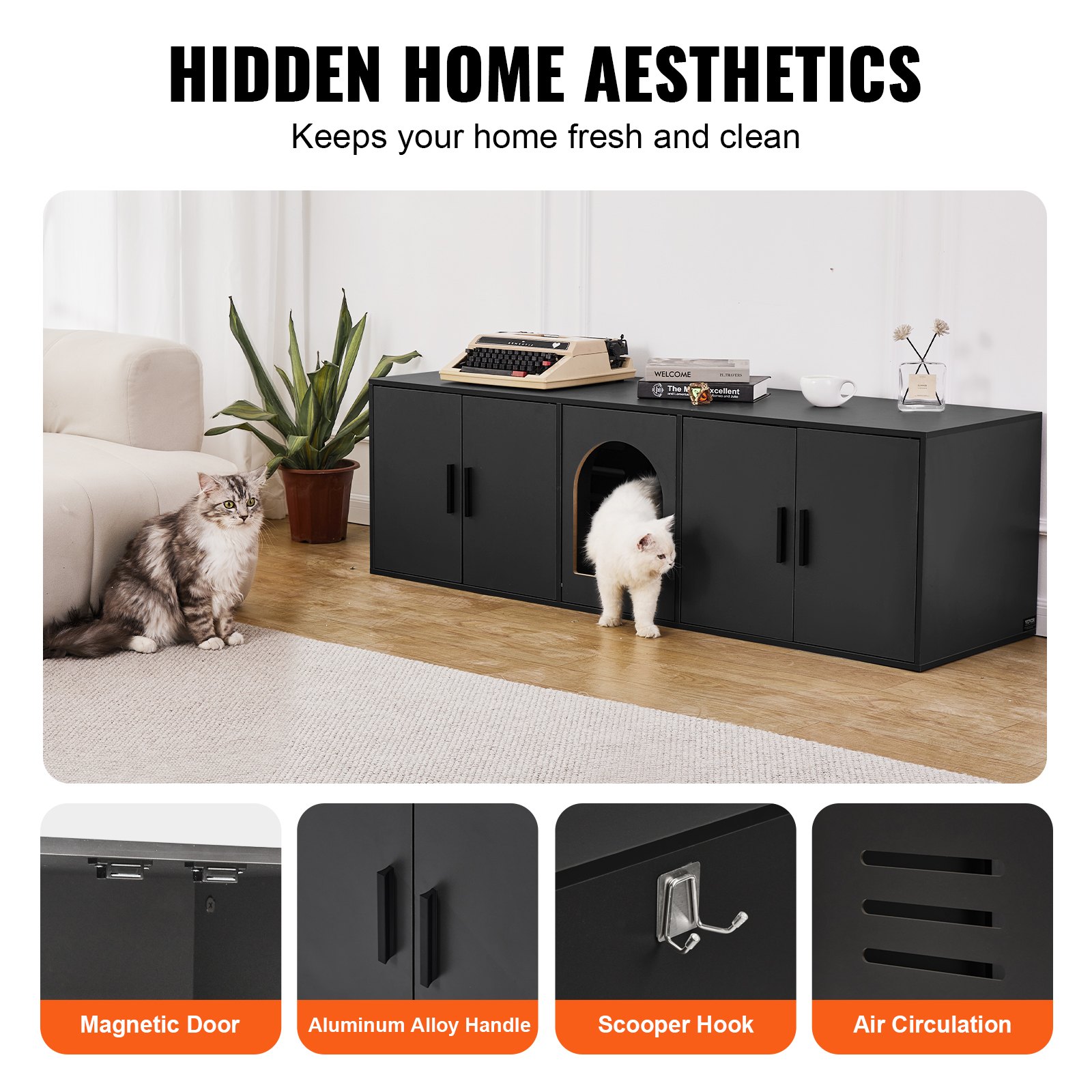 VEVOR Muebles de Baño Oculto para Gatos 147 x 46 x 45 cm, Armario para  Arenero de Madera, Mesa Auxiliar para TV, Capacidad de Peso de 136 kg, para Ocultar las Cajas de Arena para Gatos, Negro