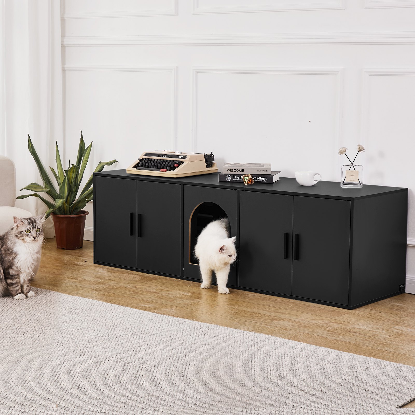 VEVOR Muebles de Baño Oculto para Gatos 147 x 46 x 45 cm, Armario para  Arenero de Madera, Mesa Auxiliar para TV, Capacidad de Peso de 136 kg, para Ocultar las Cajas de Arena para Gatos, Negro