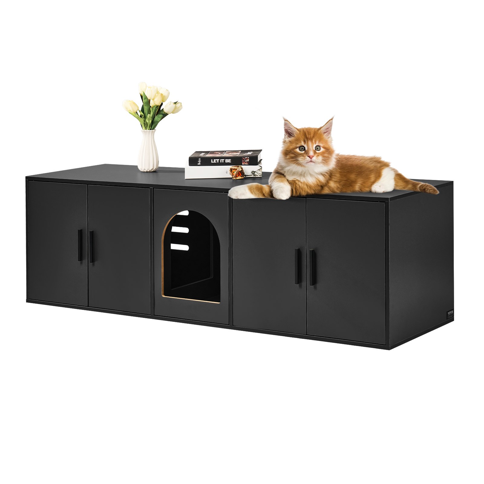 VEVOR Muebles de Baño Oculto para Gatos 147 x 46 x 45 cm, Armario para  Arenero de Madera, Mesa Auxiliar para TV, Capacidad de Peso de 136 kg, para Ocultar las Cajas de Arena para Gatos, Negro