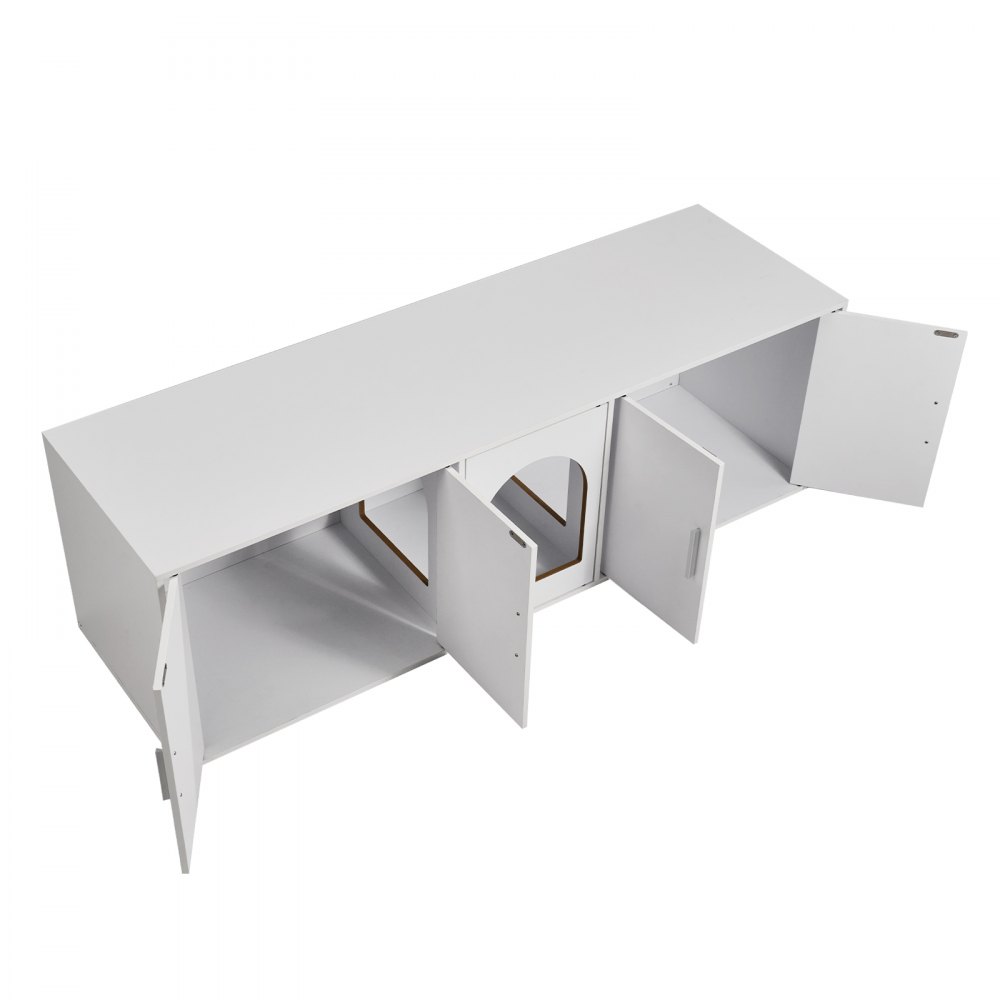 VEVOR Muebles de Baño Oculto para 2 Gatos 1,47 x 0,46 x 0,45 m Casa de Inodoro para Gatos con Puertas Decoradas de Ratán Armario de Madera para Ocultar las Cajas de Arena para Gatos, Blanco