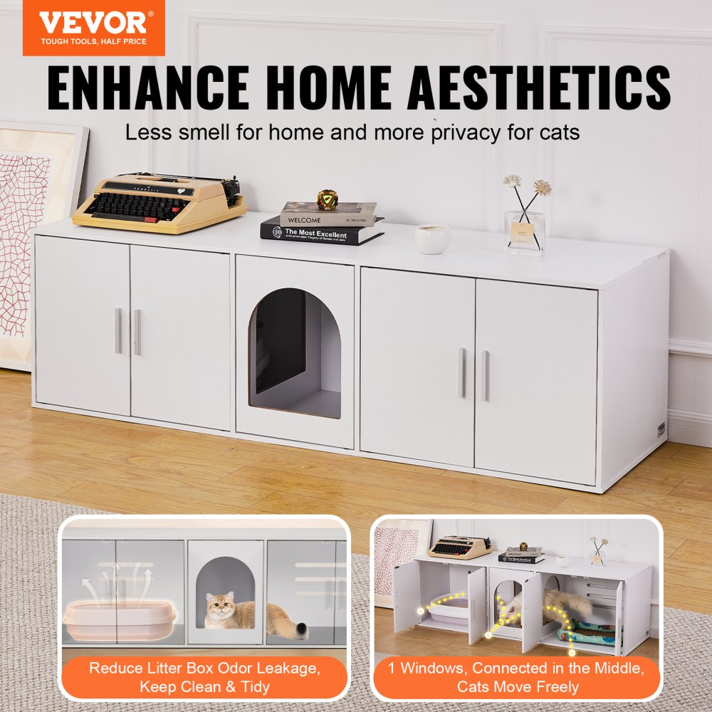 VEVOR Muebles de Baño Oculto para 2 Gatos 1,47 x 0,46 x 0,45 m Casa de Inodoro para Gatos con Puertas Decoradas de Ratán Armario de Madera para Ocultar las Cajas de Arena para Gatos, Blanco