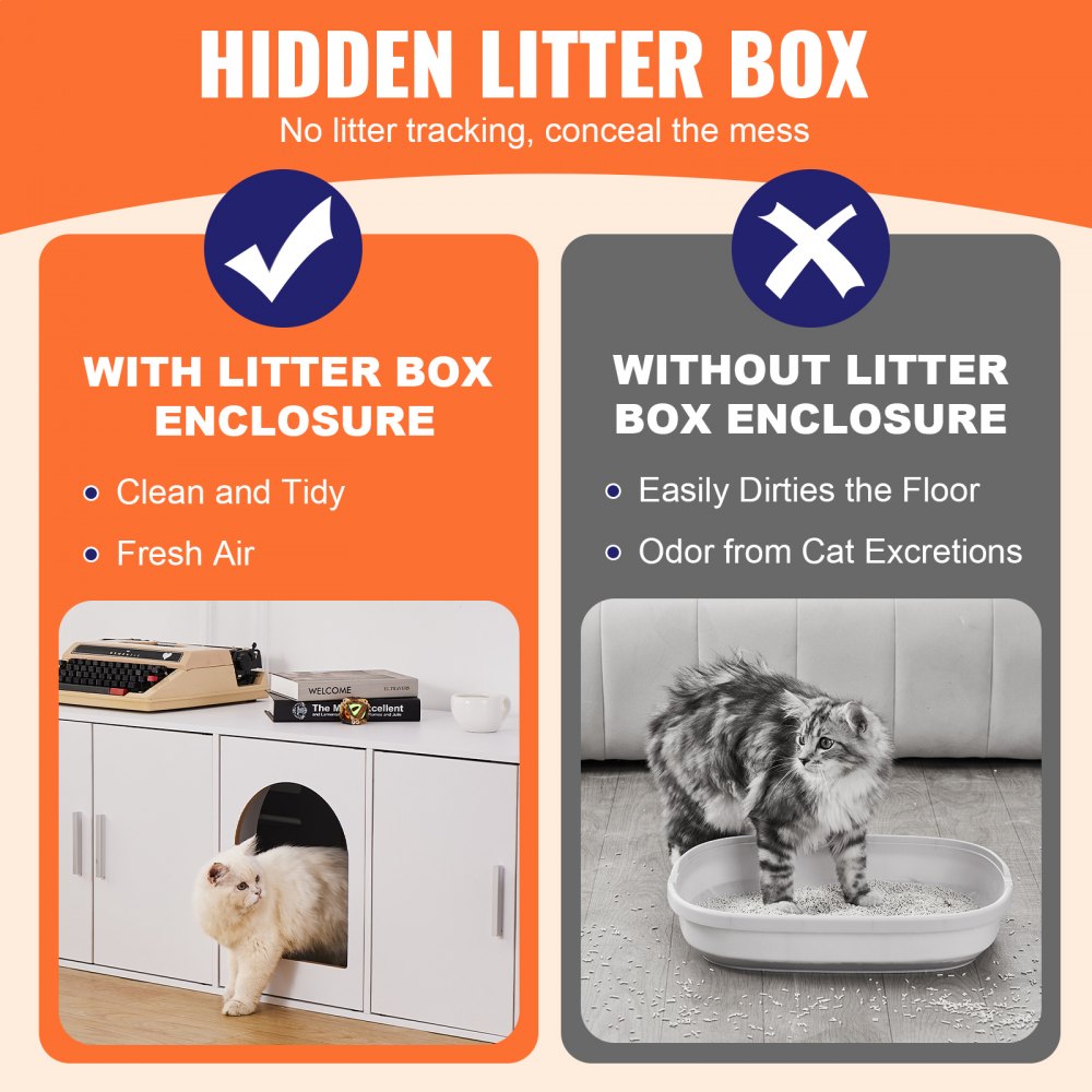 VEVOR Muebles de Baño Oculto para 2 Gatos 1,47 x 0,46 x 0,45 m Casa de Inodoro para Gatos con Puertas Decoradas de Ratán Armario de Madera para Ocultar las Cajas de Arena para Gatos, Blanco