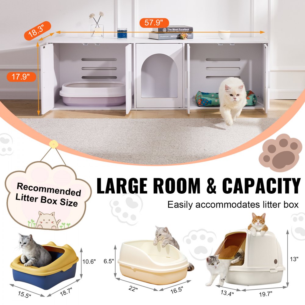 VEVOR Muebles de Baño Oculto para 2 Gatos 1,47 x 0,46 x 0,45 m Casa de Inodoro para Gatos con Puertas Decoradas de Ratán Armario de Madera para Ocultar las Cajas de Arena para Gatos, Blanco