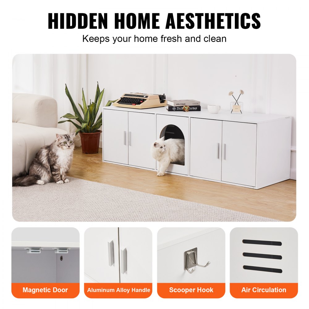 VEVOR Muebles de Baño Oculto para 2 Gatos 1,47 x 0,46 x 0,45 m Casa de Inodoro para Gatos con Puertas Decoradas de Ratán Armario de Madera para Ocultar las Cajas de Arena para Gatos, Blanco