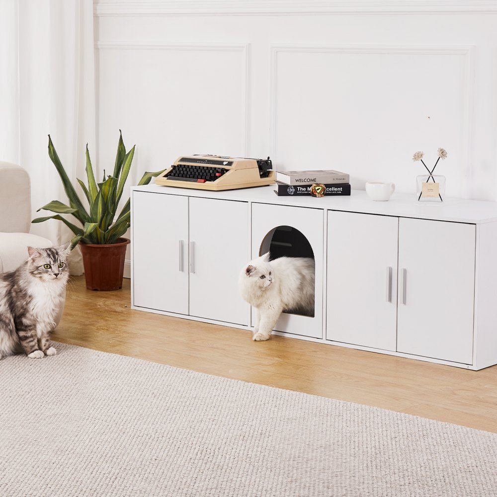 VEVOR Muebles de Baño Oculto para 2 Gatos 1,47 x 0,46 x 0,45 m Casa de Inodoro para Gatos con Puertas Decoradas de Ratán Armario de Madera para Ocultar las Cajas de Arena para Gatos, Blanco