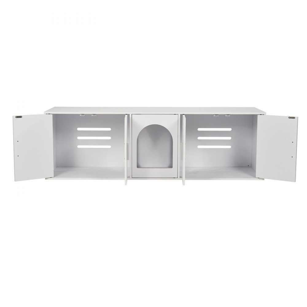 VEVOR Muebles de Baño Oculto para 2 Gatos 1,47 x 0,46 x 0,45 m Casa de Inodoro para Gatos con Puertas Decoradas de Ratán Armario de Madera para Ocultar las Cajas de Arena para Gatos, Blanco
