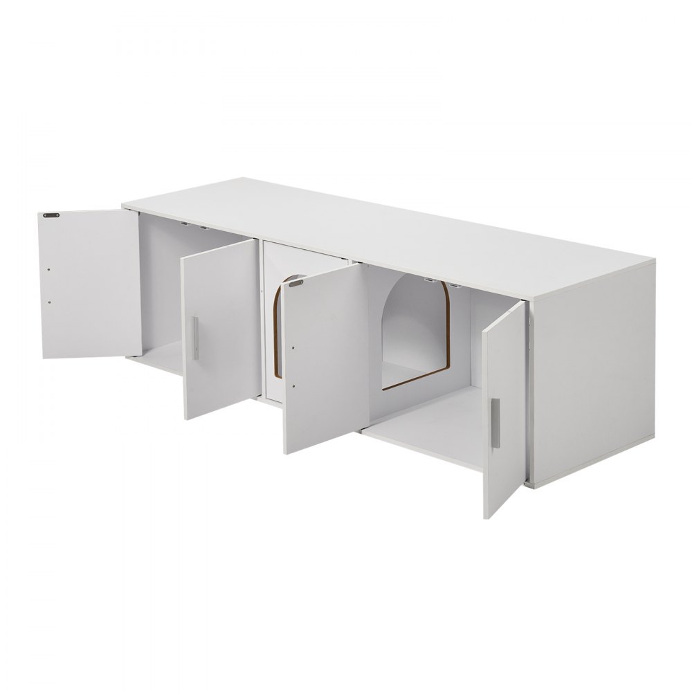 VEVOR Muebles de Baño Oculto para 2 Gatos 1,47 x 0,46 x 0,45 m Casa de Inodoro para Gatos con Puertas Decoradas de Ratán Armario de Madera para Ocultar las Cajas de Arena para Gatos, Blanco