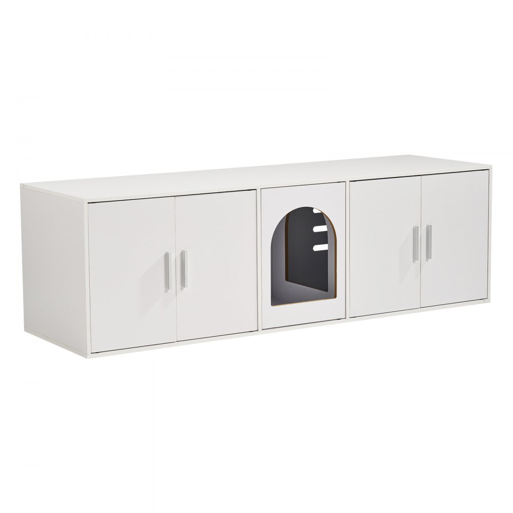 VEVOR Muebles de Baño Oculto para 2 Gatos 1,47 x 0,46 x 0,45 m Casa de Inodoro para Gatos con Puertas Decoradas de Ratán Armario de Madera para Ocultar las Cajas de Arena para Gatos, Blanco