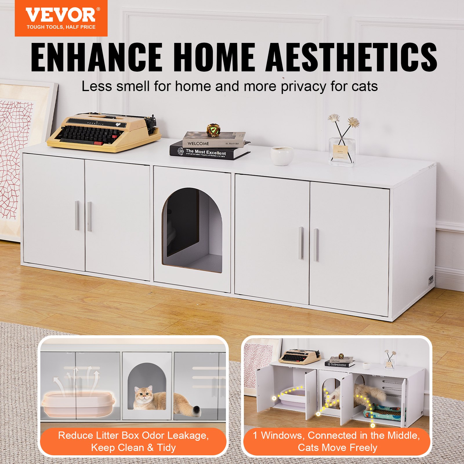VEVOR Muebles de Baño Oculto para 2 Gatos 1,47 x 0,46 x 0,45 m Casa de Inodoro para Gatos con Puertas Decoradas de Ratán Armario de Madera para Ocultar las Cajas de Arena para Gatos, Blanco