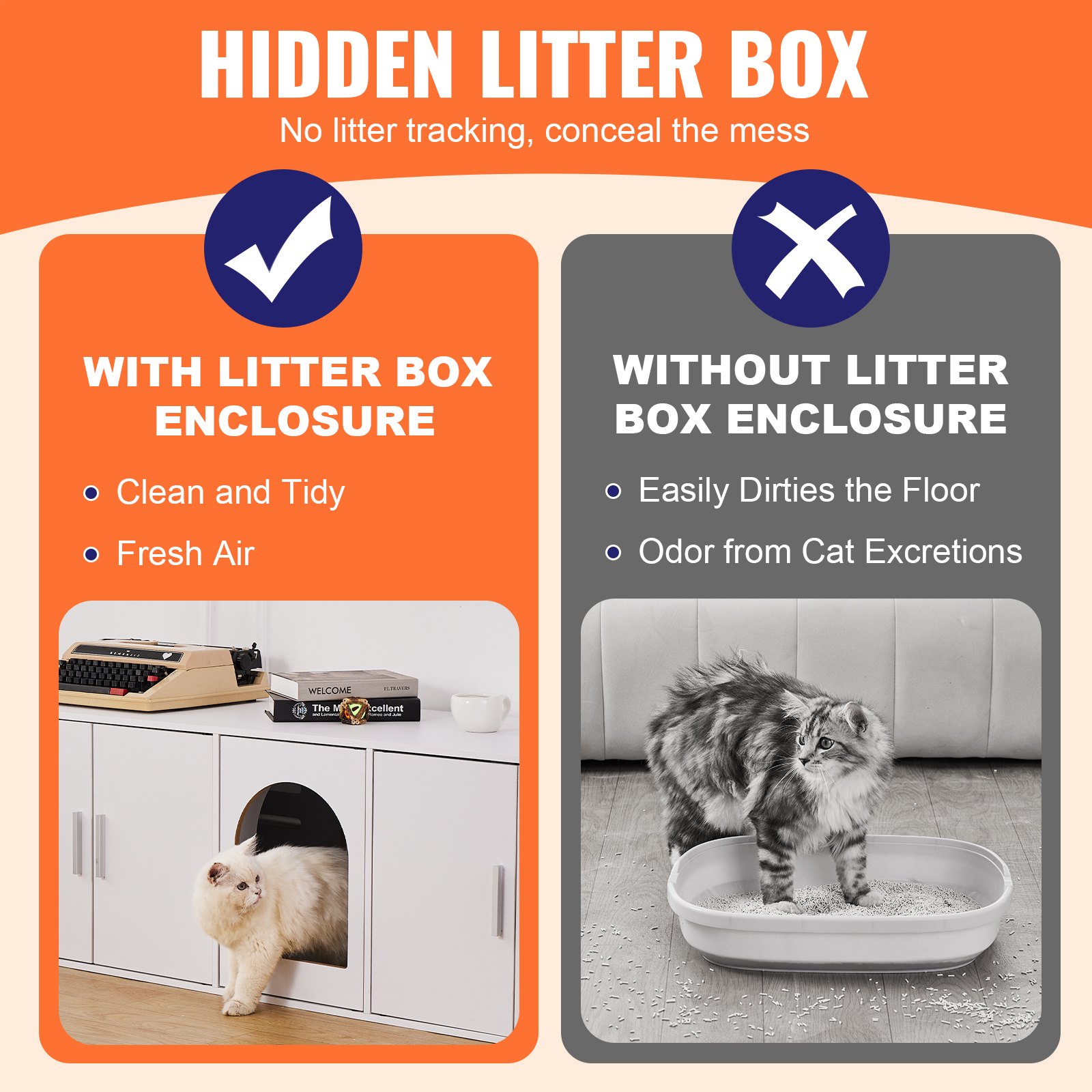 VEVOR Muebles de Baño Oculto para 2 Gatos 1,47 x 0,46 x 0,45 m Casa de Inodoro para Gatos con Puertas Decoradas de Ratán Armario de Madera para Ocultar las Cajas de Arena para Gatos, Blanco
