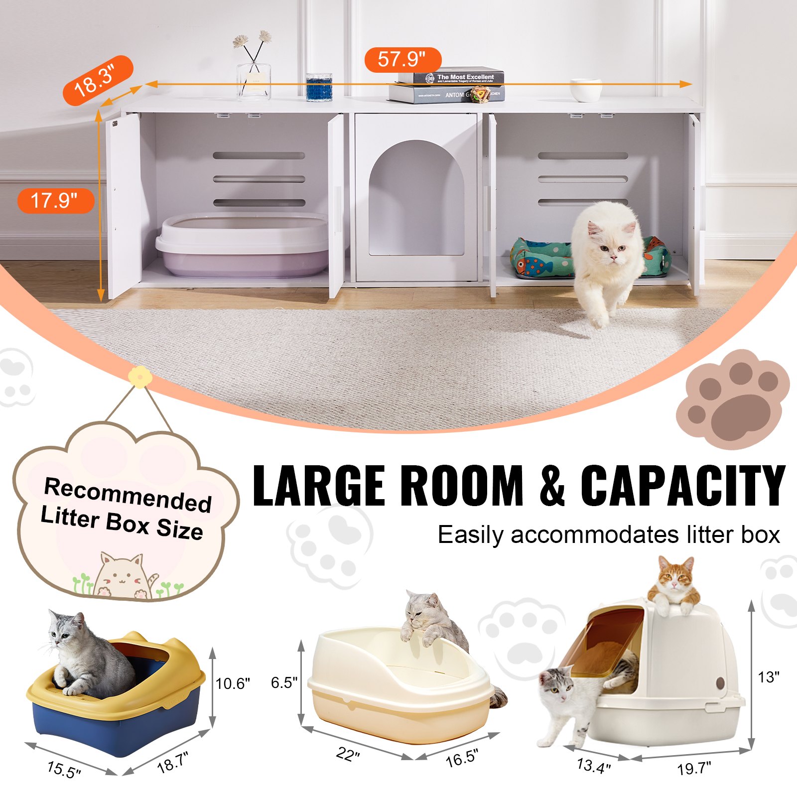 VEVOR Muebles de Baño Oculto para 2 Gatos 1,47 x 0,46 x 0,45 m Casa de Inodoro para Gatos con Puertas Decoradas de Ratán Armario de Madera para Ocultar las Cajas de Arena para Gatos, Blanco