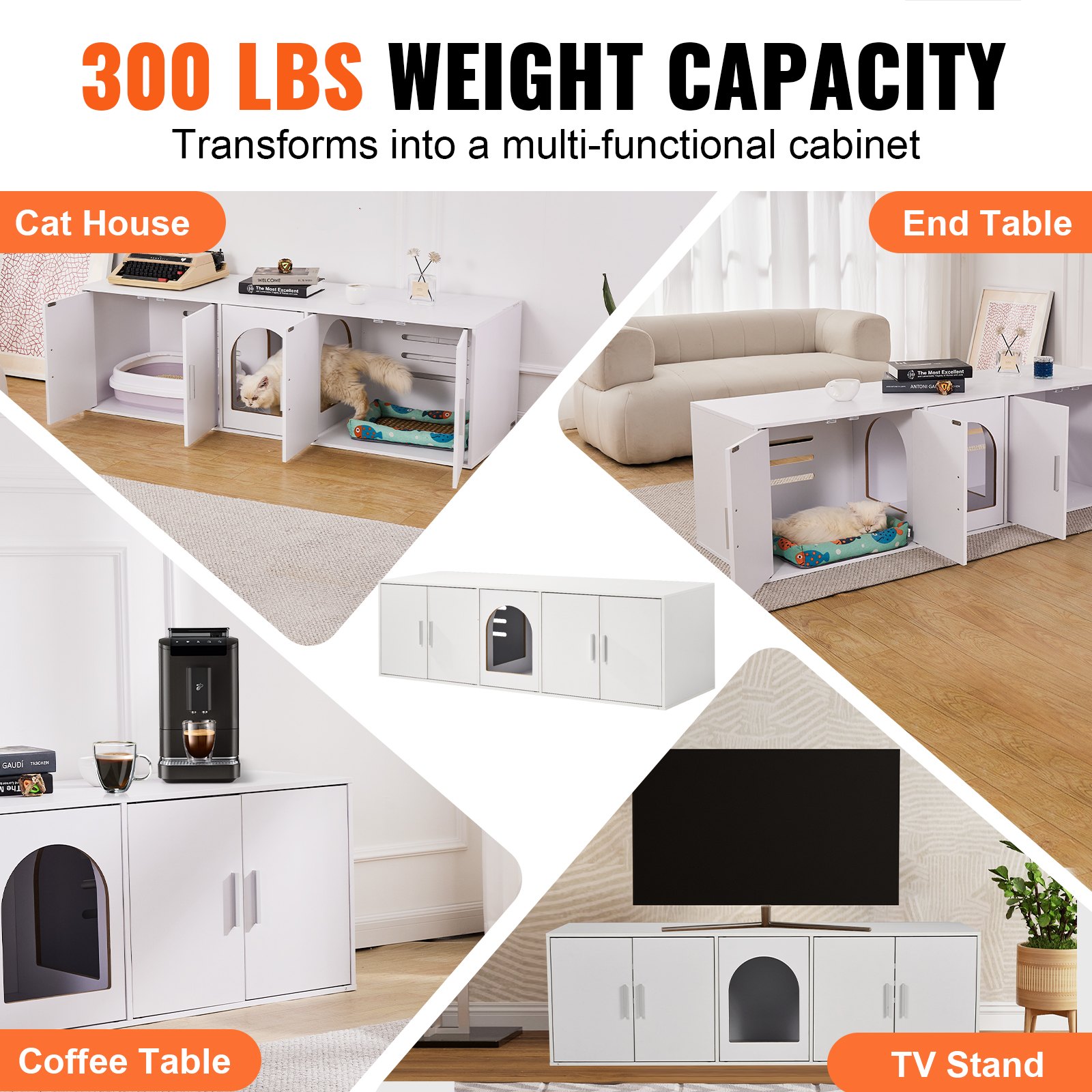 VEVOR Muebles de Baño Oculto para 2 Gatos 1,47 x 0,46 x 0,45 m Casa de Inodoro para Gatos con Puertas Decoradas de Ratán Armario de Madera para Ocultar las Cajas de Arena para Gatos, Blanco