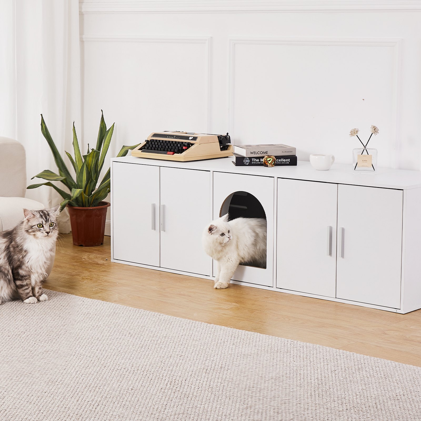 VEVOR Muebles de Baño Oculto para 2 Gatos 1,47 x 0,46 x 0,45 m Casa de Inodoro para Gatos con Puertas Decoradas de Ratán Armario de Madera para Ocultar las Cajas de Arena para Gatos, Blanco