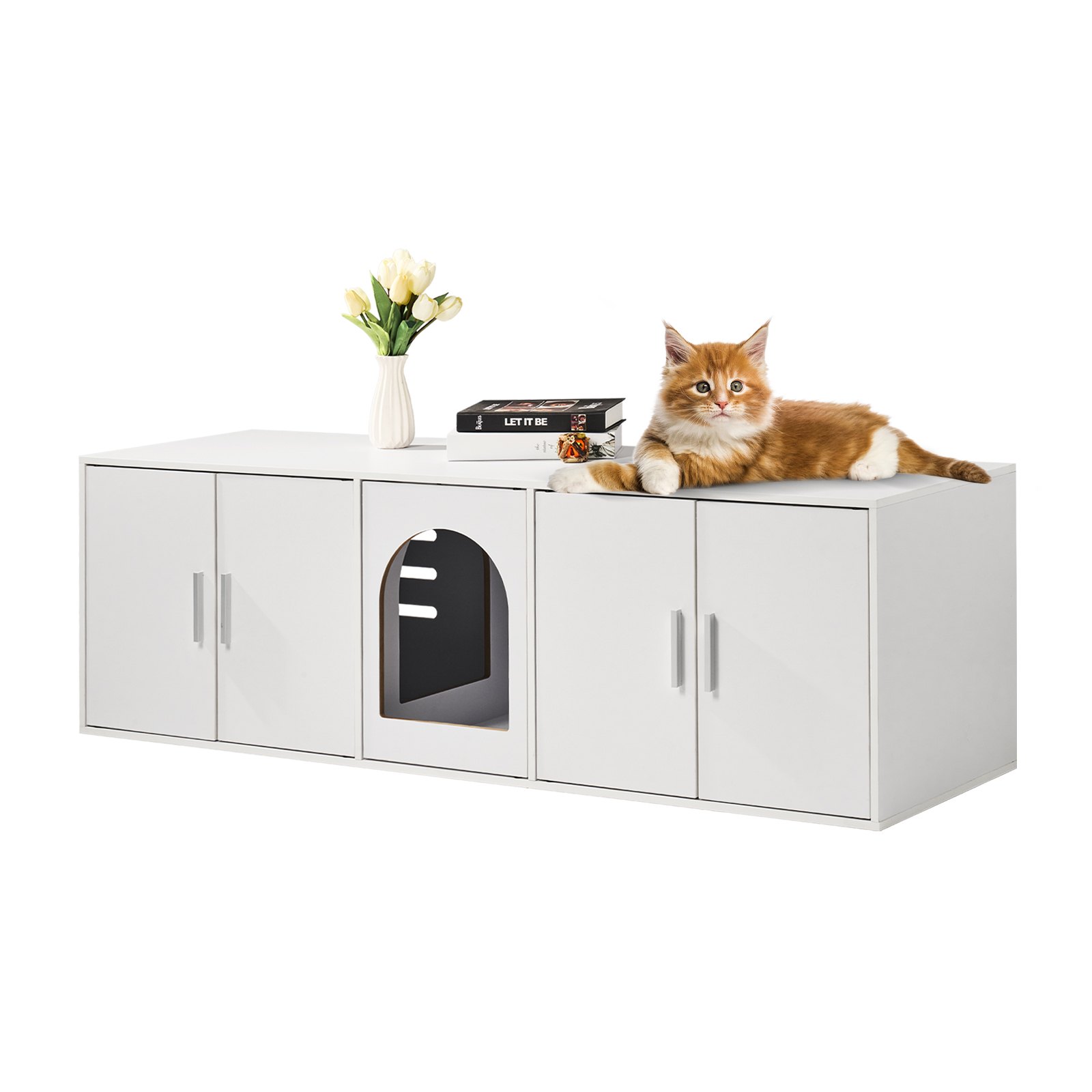 VEVOR Muebles de Baño Oculto para 2 Gatos 1,47 x 0,46 x 0,45 m Casa de Inodoro para Gatos con Puertas Decoradas de Ratán Armario de Madera para Ocultar las Cajas de Arena para Gatos, Blanco