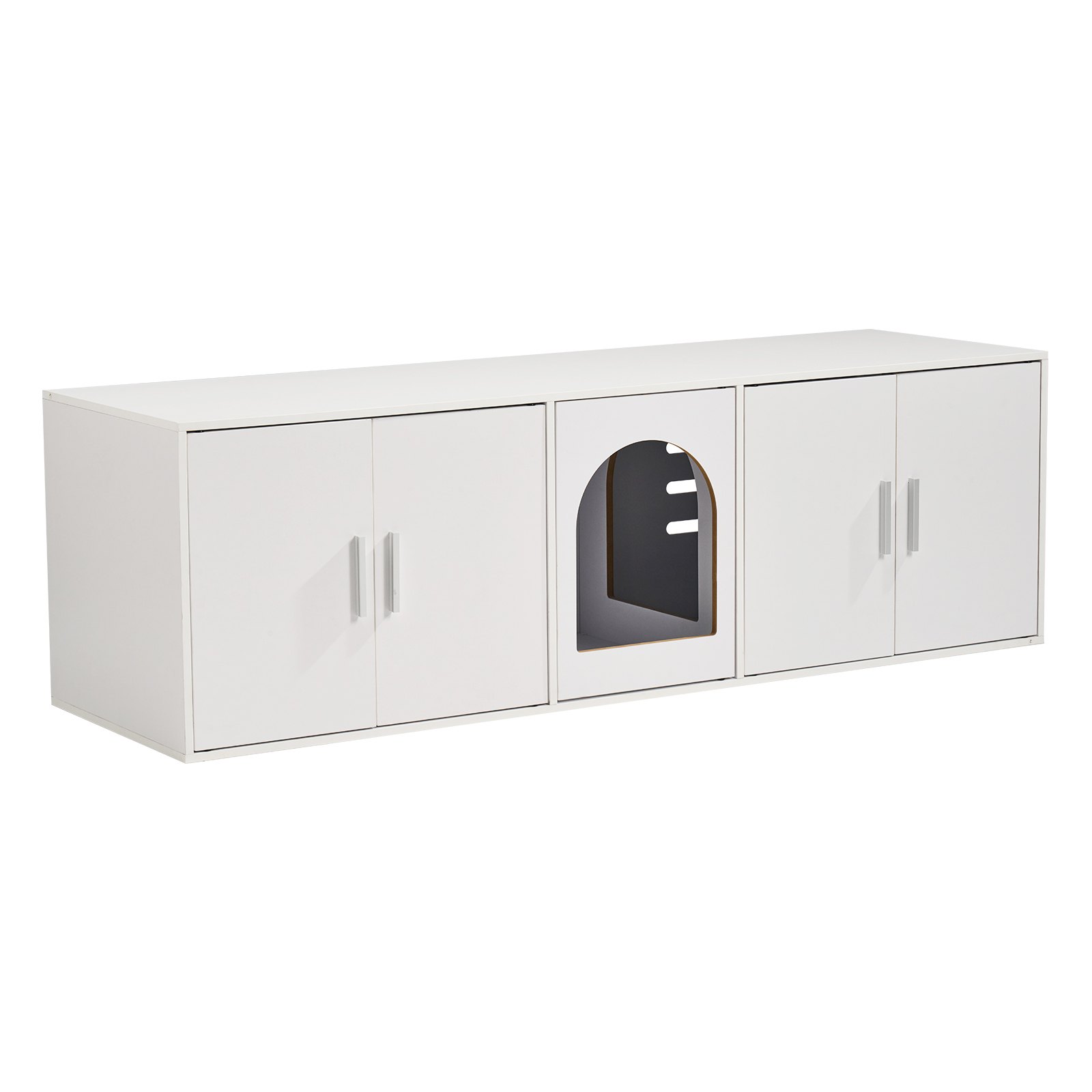 VEVOR Muebles de Baño Oculto para 2 Gatos 1,47 x 0,46 x 0,45 m Casa de Inodoro para Gatos con Puertas Decoradas de Ratán Armario de Madera para Ocultar las Cajas de Arena para Gatos, Blanco