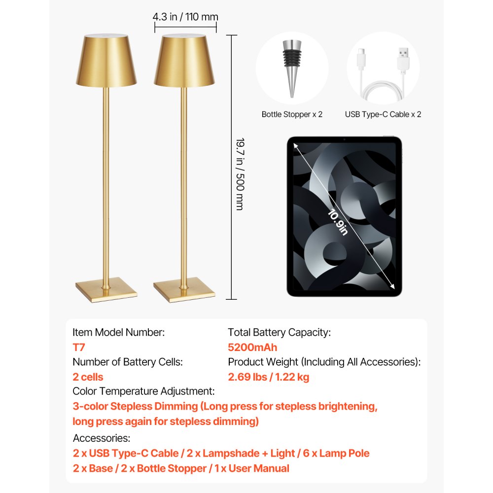 VEVOR Cordless Table Lamp (2 Pack) with Detachable Shade & 5200 mAh Built-in Rechargeable Battery, Desk Lamp, 3 Adjustable Heights, Table Lamp for Restaurant, Gold