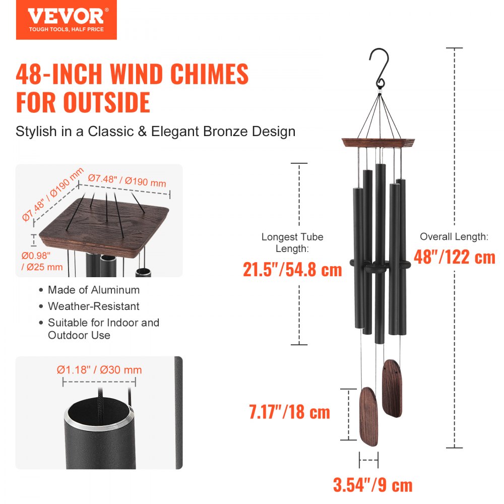 VEVOR Outdoor Wind Chime, 48 Inch, Deep Tone Wind Chime with 5 Tubes, Unique Large Anniversary Memorial Wind Chime, Great Outdoor Decoration for Your Patio, Porch, Garden and Backyard, Black