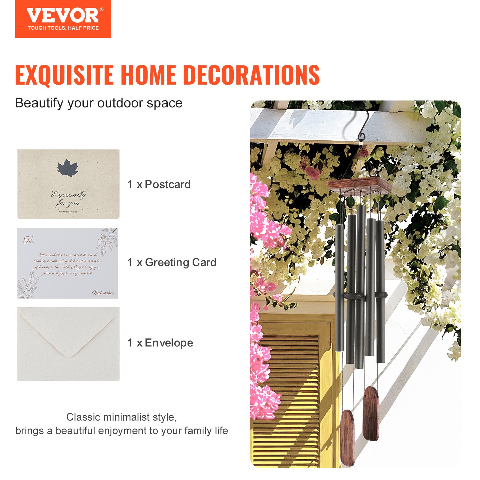 VEVOR Outdoor Wind Chime, 48 Inch, Deep Tone Wind Chime with 5 Tubes, Unique Large Anniversary Memorial Wind Chime, Great Outdoor Decoration for Your Patio, Porch, Garden and Backyard, Black