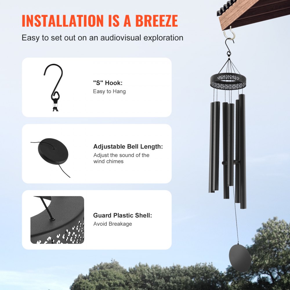 VEVOR Outdoor Wind Chime, 58 inches, Deep Tone Wind Chime with 6 Tubes, Unique Large Anniversary Memorial Wind Chime, Great Outdoor Decoration for Your Patio, Porch, Garden and Backyard, Black