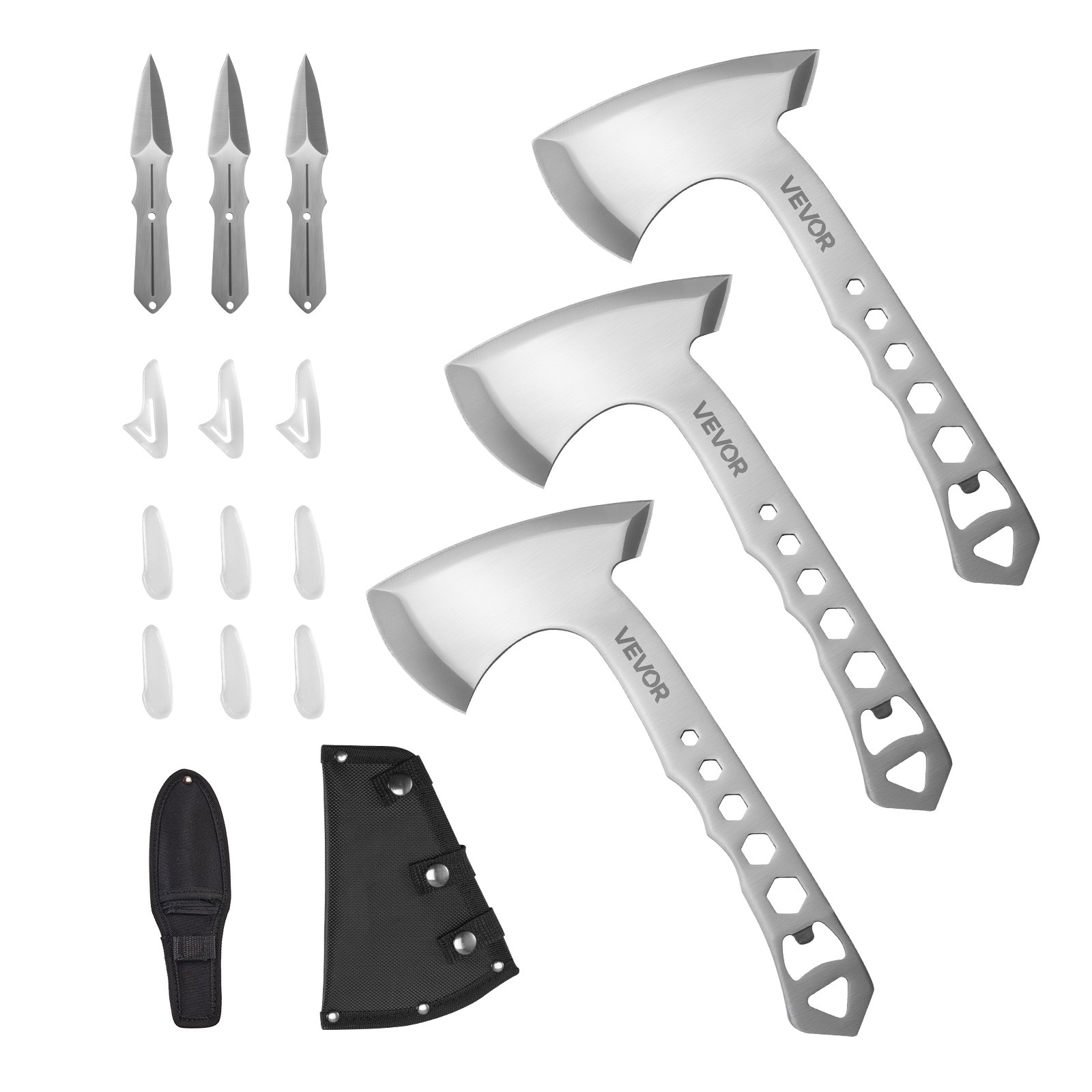 VEVOR Throwing Axes and Tomahawks Set including 3 Hatchets & 3 Throwing Knives, Throwing Equipment Set, Handle with Wrench & Bottle Opener, Stainless Steel, Black Nylon Sheath, for Recreational Competitions