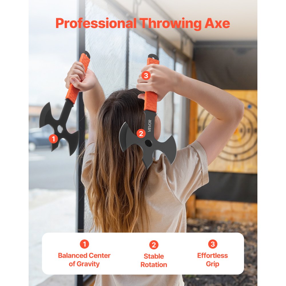 VEVOR Throwing Axes Tomahawks 3-piece Set 340.4 mm Three-edged Throwing Ax Set with Stainless Steel Head & Non-slip TPR Rubber Handle & Black Nylon Sheath, for Leisure, Competition, Camping Equipment