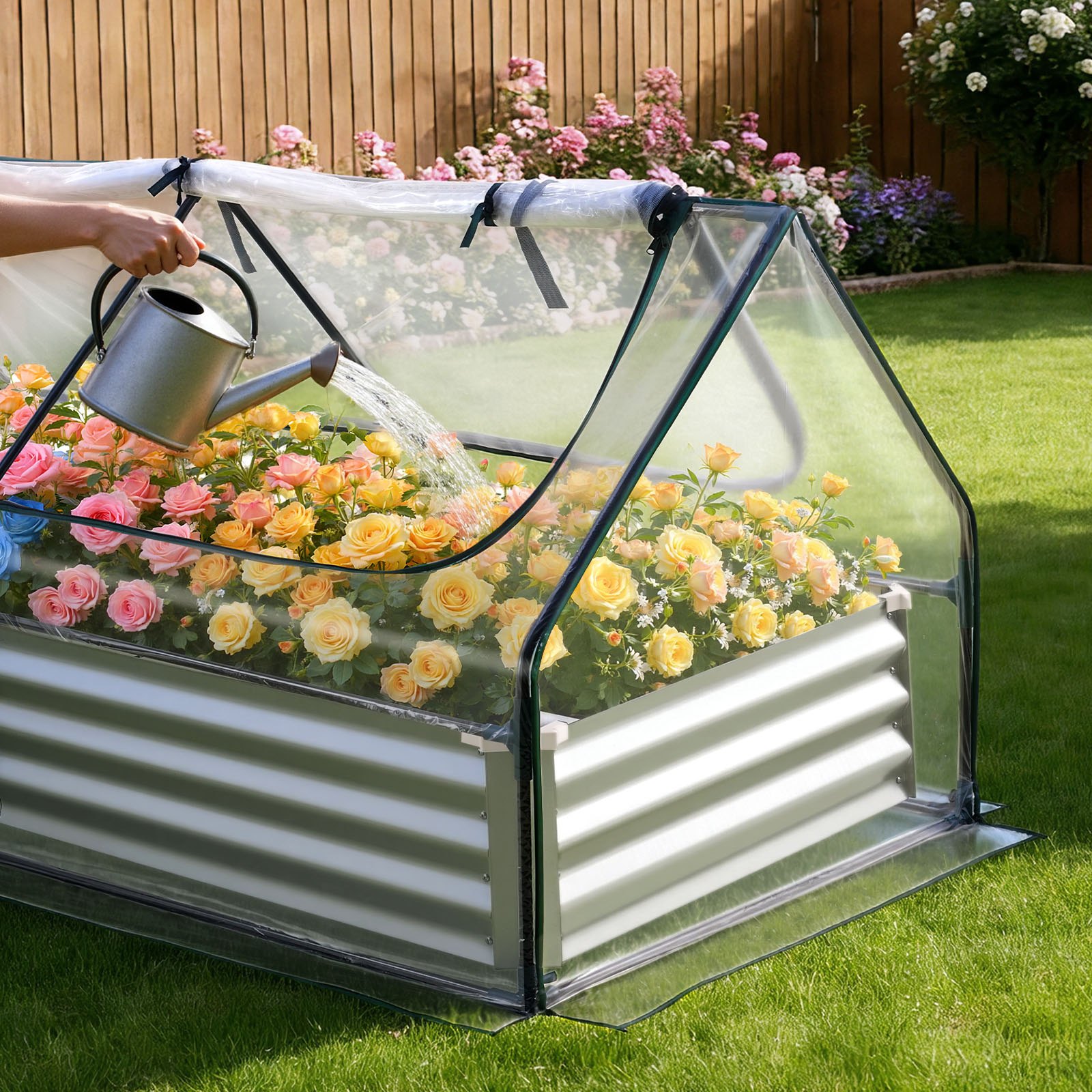 VEVOR Cama Elevada de Jardín 180 x 90 x 30 cm con Cubierta de Invernader, Arriate de Jardín de Metal con Base Abierta, para Cultivo de Flores Plantas Verduras con Accesorios para Patio Balcón