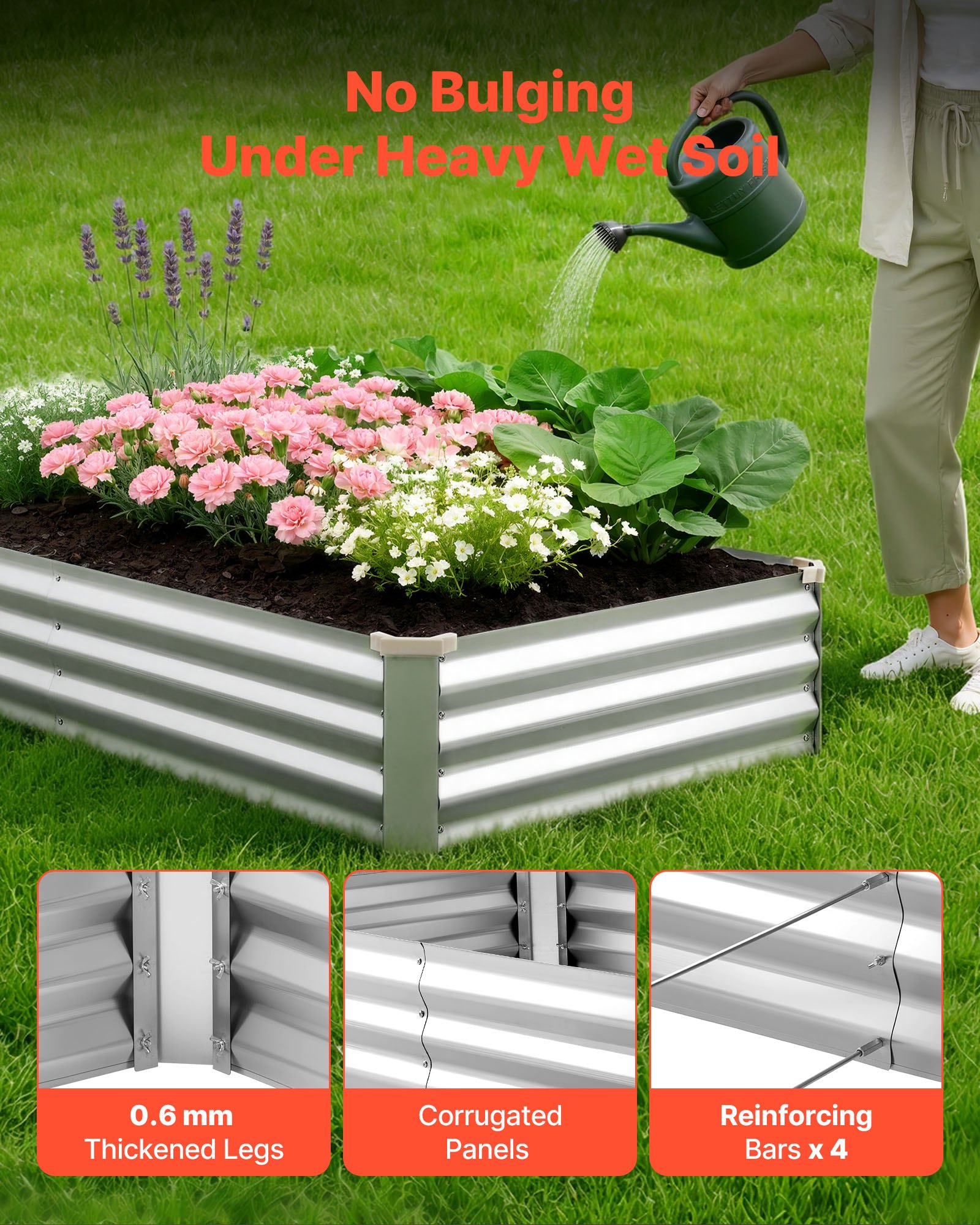 VEVOR Cama Elevada de Jardín 180 x 90 x 30 cm Rectangular, Arriate de Jardín de Metal con Base Abierta, para Cultivo de Flores Plantas con Accesorios para Terraza Patio Balcón, 2 Piezas, Plateado